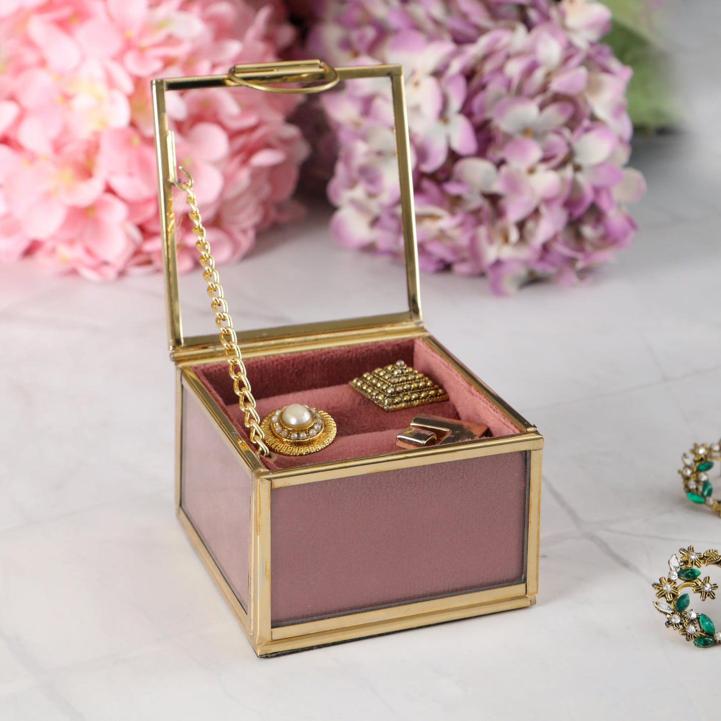 Glass & Metal Ring Box - Pink